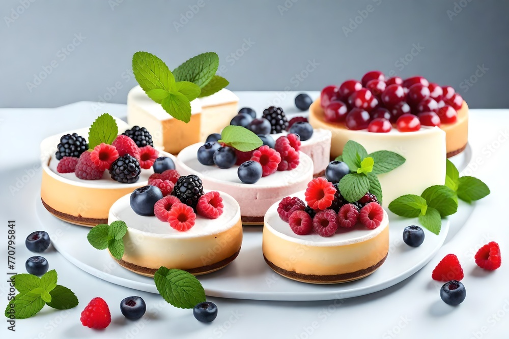 Set of cheesecakes with fresh berries and mint isolated on a white background Set of cheesecakes with fresh berries and mint isolated on a white background