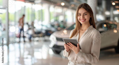 Young pretty girl  seller in a car salon