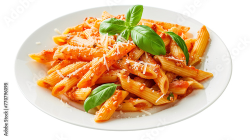 Penne alla vodka on plate isolated on white background