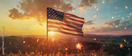 American Flag and Fireworks at Sunset Rural Field