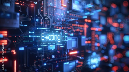 Futuristic E-voting Circuitry Concept, E-voting illuminated on a circuit board backdrop, conceptualizing digital voting technologies and secure electronic elections