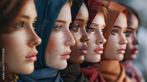 Faces of Global Diversity, striking array of female faces representing diverse cultures and ethnicities stands side by side, symbolizing unity and international women's day