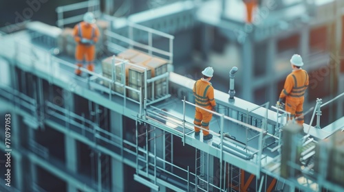 Construction Oversight on High-rise, Miniature figures in high-visibility attire engage in construction activity atop a skeletal steel structure, symbolizing industrial progress and teamwork