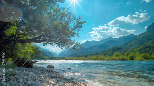 amazing scene of sunshine near river clean view in clear blue sky8k 
