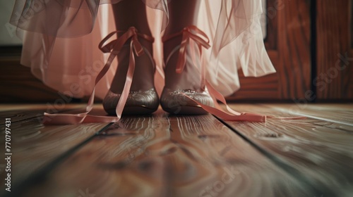 Bride's Ballet Flats and Delicate Ribbons, Close-up of a bride's feet adorned with elegant ballet flats and soft ribbons, a gentle prelude to her walk down the aisle
