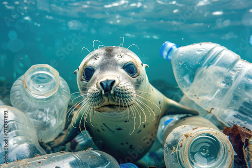 plastic pollution with seal swimming underwater between discarded plastic bottles, Generative Ai photo