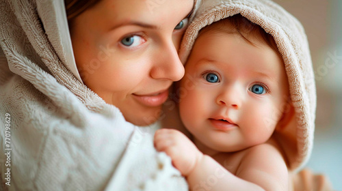 baby and mom after a shower in a towel. selective focus.