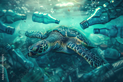 plastic pollution with turtle swimming underwater between discarded plastic bottles, Generative Ai © Zatiago