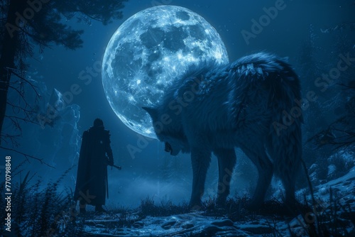 Moonlit Confrontation,The Lone Knight Stands Against an Ethereal Wolf in a Forest Clearing, Emphasizing Scale and Tension with Dramatic Moonlight © JewJew