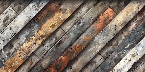 Varied wooden planks with rich textures and colors ranging from grays to browns, creating a rustic appearance.