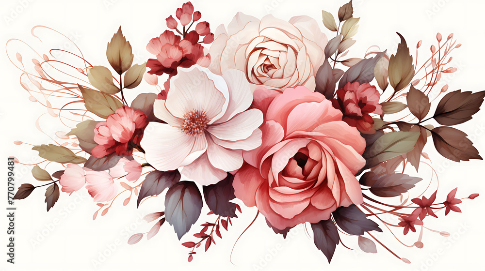 beautiful flowers, roses, and foliage on a white background