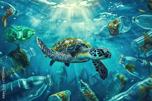 plastic pollution with turtle swimming underwater between discarded plastic bottles, Generative Ai