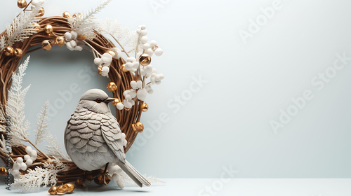 Bird sitting on wreath on white background, christmas or new year concept