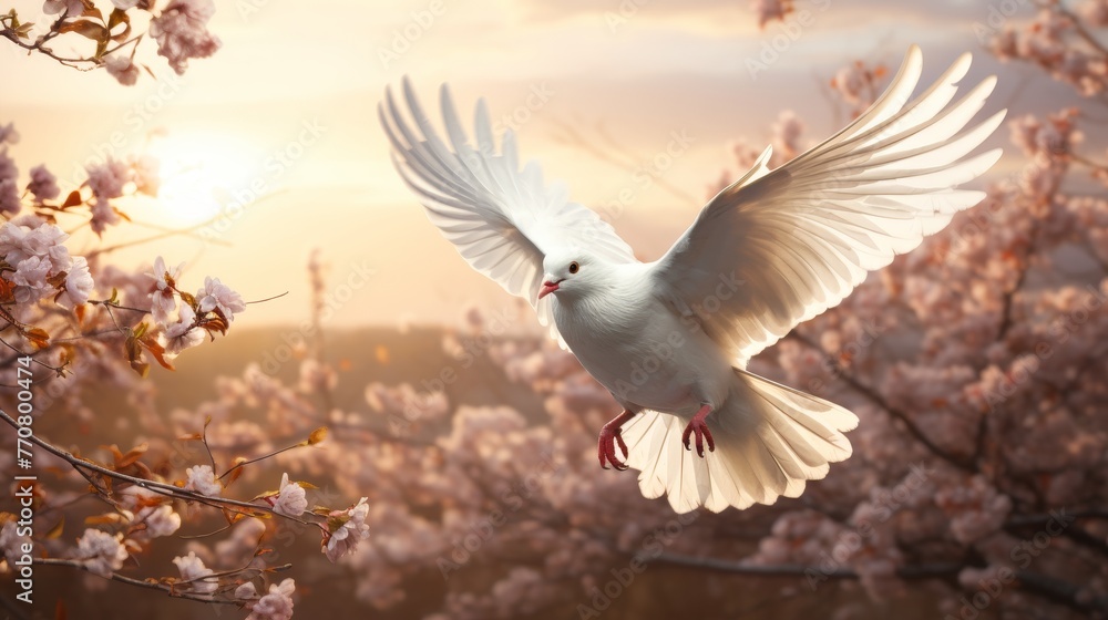 Obraz premium White dove soaring under sunlight, with beautiful cherry blossom trees in the background