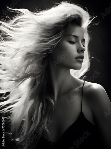 black and white photo of model with perfect hair 