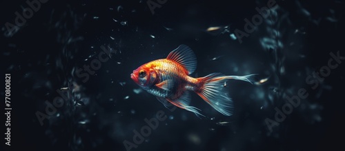 An electric blue goldfish with a sleek fin is gracefully swimming in the dark underwater, creating an entertaining marine biology performance © AkuAku