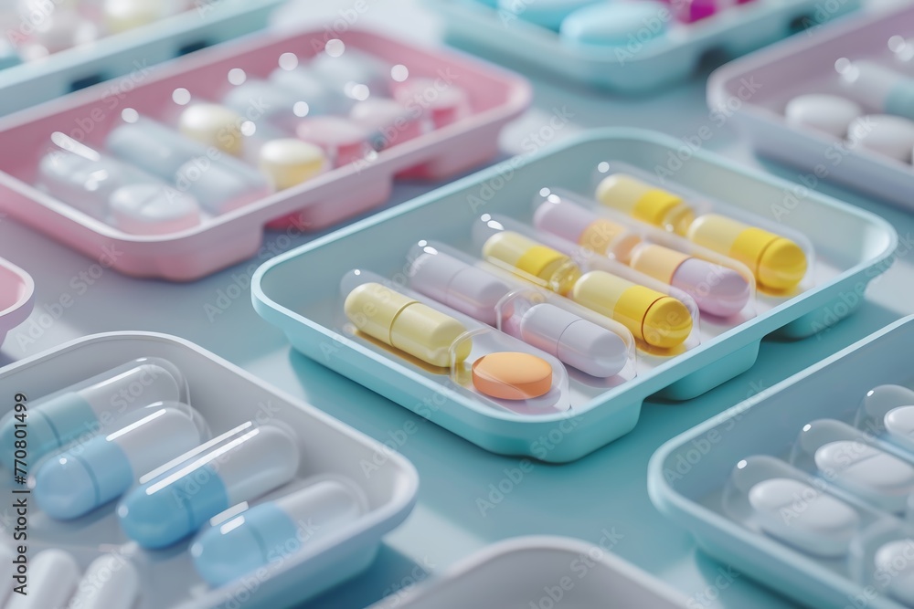 A visualization of a medication management system, showing pills organized by color and size in a pill organizer , pastel, 3d animator, no contrast, clean sharp focus A visualization of a medication management system, showing pills organized by color and size in a pill organizer , pastel, 3d animator, no contrast, clean sharp focus