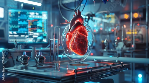 A futuristic depiction of organ transplantation with technology and medical equipment , 3D render, no contrast, clean sharp focus photo
