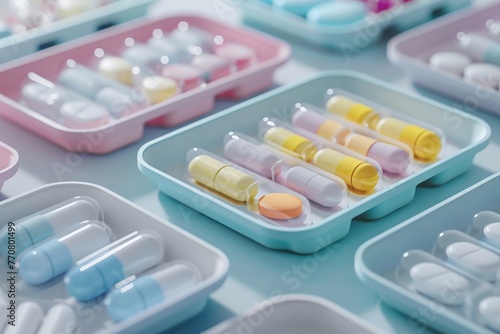 A visualization of a medication management system, showing pills organized by color and size in a pill organizer , pastel, 3d animator, no contrast, clean sharp focus
