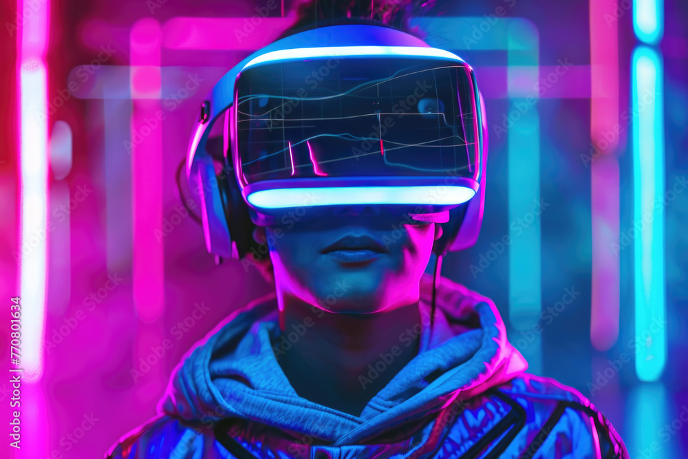 Teenager playing VR virtual, game 3D cyber space futuristic neon colorful neon background, Generative Ai Teenager playing VR virtual, game 3D cyber space futuristic neon colorful neon background, Generative Ai