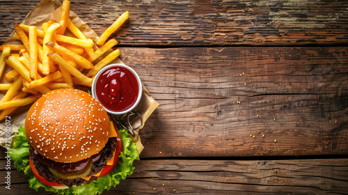 Top view of juicy burger, french fries, sauces, chips on a wooden background, Generative Ai