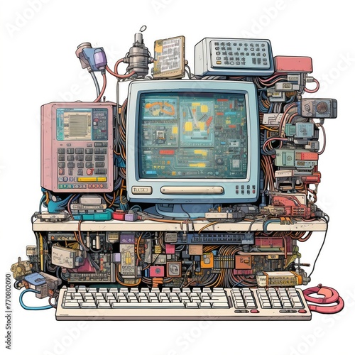 Retro computer. Vintage illustration with surreal technique. Cyberbank, monitor with ray tube. Pile up, maximalism. 2yk photo