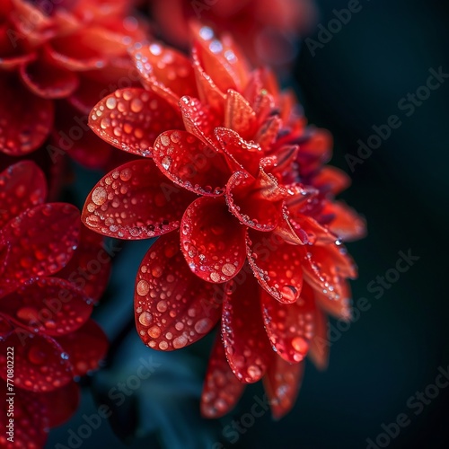 Red flowers with dewdrops on their petals against a dark background in macro photographic style with high definition