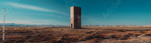 The image depicts a single  imposing monolithic structure amidst a desolate desert scene  evoking a sense of solitude
