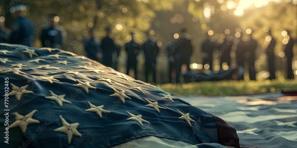 Patriotic Honor: American Flag Over Coffin at Military Funeral - obrazy, fototapety, plakaty 