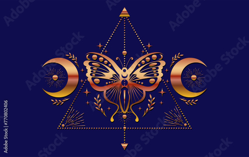 Mystic gold moth, magic butterfly and crescent moon, sacred symbols for witchcraft, occult, esotericism, print, poster. Vector colorful pagan magical seal isolated on blue background