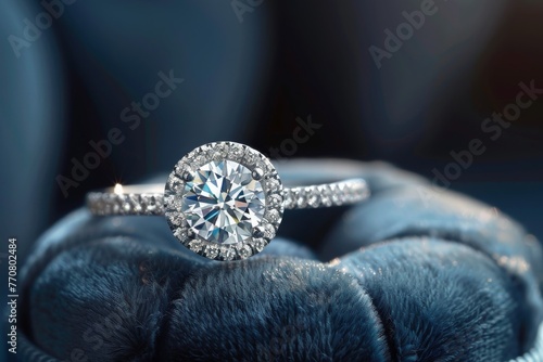 Diamond ring on hand, emphasizing the ring's intricate design and the diamond's brilliance against a luxurious.