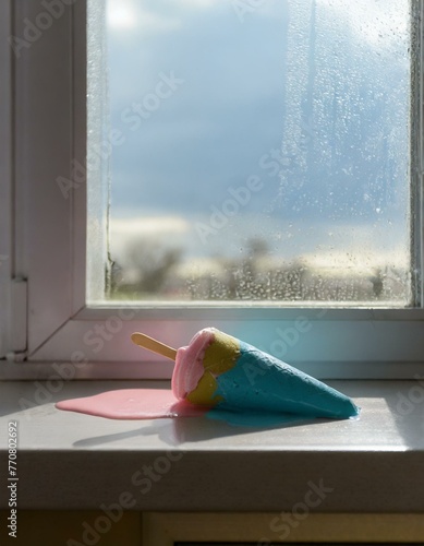 Melted lying down ice cream mixing with rainwater on a windowsill, viewed from inside
