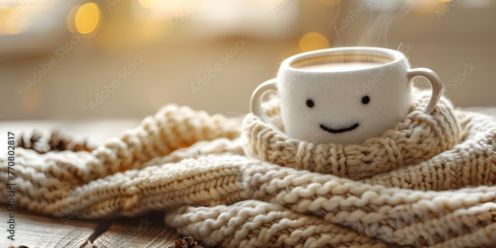 Cozy Blanket and Cheerful Coffee Character Enjoying a Snug Sipping Moment with Warm Comfort and Relaxation - obrazy, fototapety, plakaty 