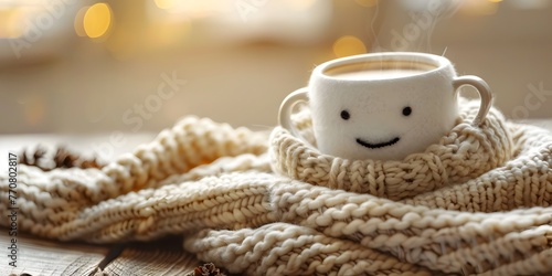 Cozy Blanket and Cheerful Coffee Character Enjoying a Snug Sipping Moment with Warm Comfort and Relaxation photo