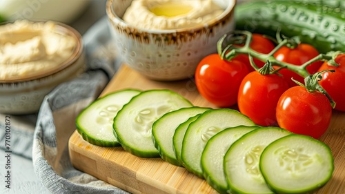 Healthy Snack Spread: Creamy Hummus with Sliced Cucumbers and Cherry Tomatoes