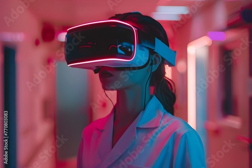 Asian women wearing a VR headset experiencing intergrated virtual reality, meidcal therepy concept photo