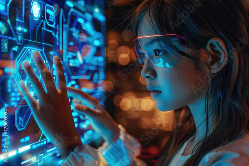 young girl uses a futuristic processor for Science technology and communication, Generative Ai