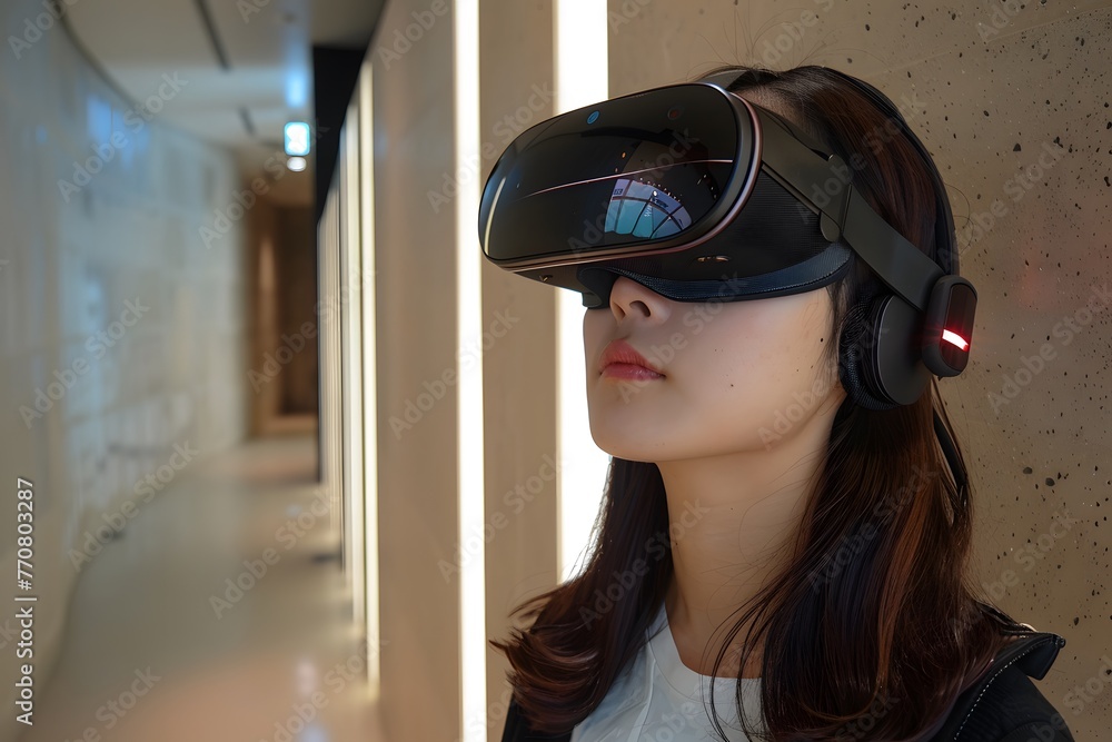 Asian women wearing a VR headset experiencing intergrated virtual reality, meidcal therepy concept Asian women wearing a VR headset experiencing intergrated virtual reality, meidcal therepy concept