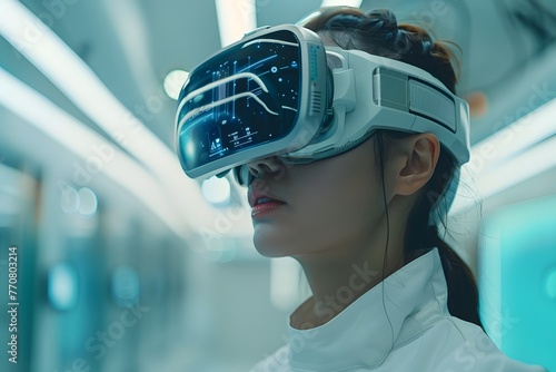 Asian women wearing a VR headset experiencing intergrated virtual reality, meidcal therepy concept photo