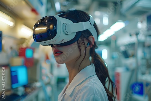 Asian women wearing a VR headset experiencing intergrated virtual reality, meidcal therepy concept photo