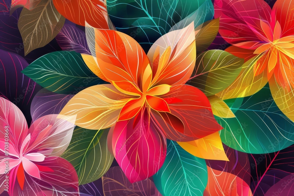 Abstract Colorful Modern Floral Design with Stylized Flowers and Leaves, Digital Art Illustration