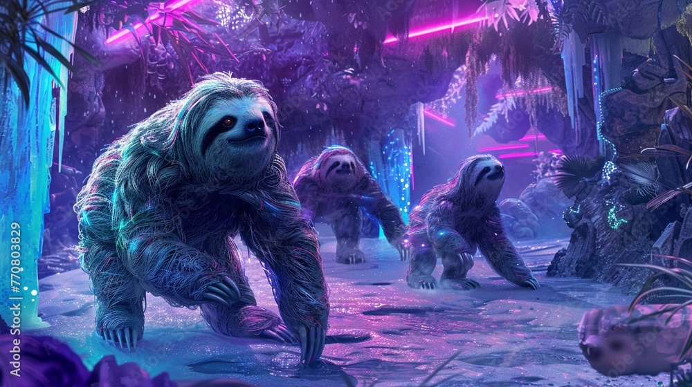 Giant ground sloths with radiant fur patterns