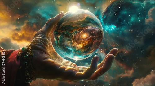 Ethereal hand holding a crystal ball with a mesmerizing reflection of a celestial nebula