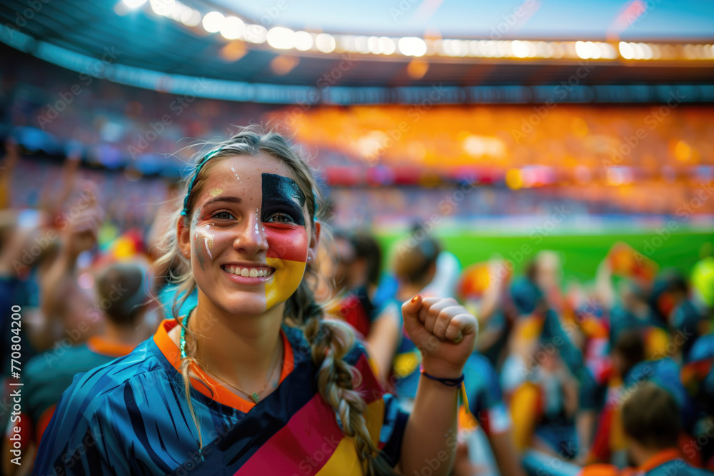 German soccer fan woman with national flag of german painted on her face.. Celebrating crowd in a stadium. Cheering during a match in stadium