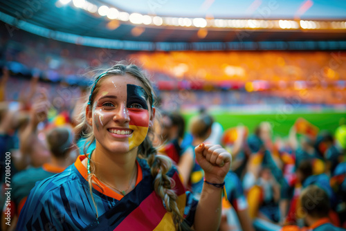 German soccer fan woman with national flag of german painted on her face.. Celebrating crowd in a stadium. Cheering during a match in stadium