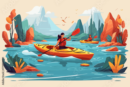 people kayaking on the lake using canoes boat. Vector flat illustration