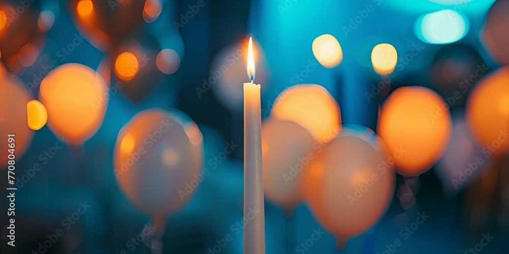 Celestial Glow: Lone Candle Amidst a Sea of Balloons in a Festive Celebration Celestial Glow: Lone Candle Amidst a Sea of Balloons in a Festive Celebration