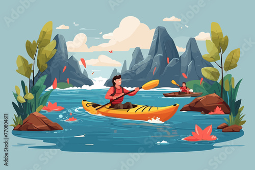 people kayaking on the lake using canoes boat. Vector flat illustration