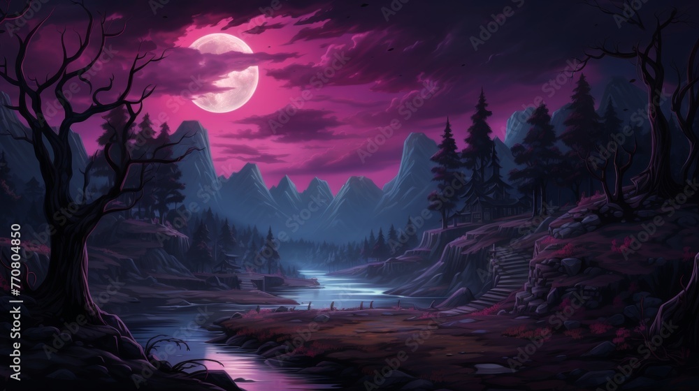 Fototapeta premium Enchanting night forest with glowing turquoise and pink lights under moonlight ambiance