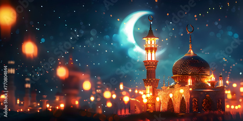 Ramadan Kareem Card With Arabic Lanterns And Moon Background, Ramadan Kareem Islamic Festival With Creative Golden Lantern And Golden Moon On Creative Background



 photo
